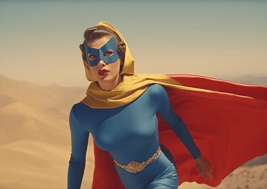 A woman in a blue superhero costume with a yellow cape and mask standing in a desert landscape.