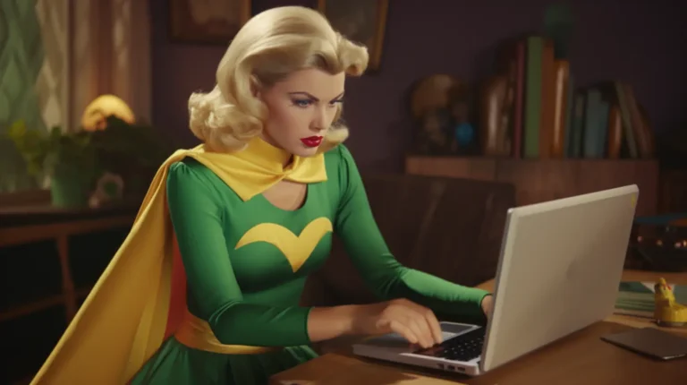 A female superhero with a yellow cape, typing on a laptop in a cozy room with bookshelves in the background.