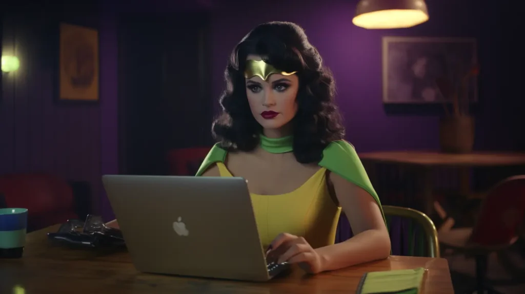 A woman in a yellow and green superhero costume with a green cape, working on a laptop at a table in a room with purple walls.
