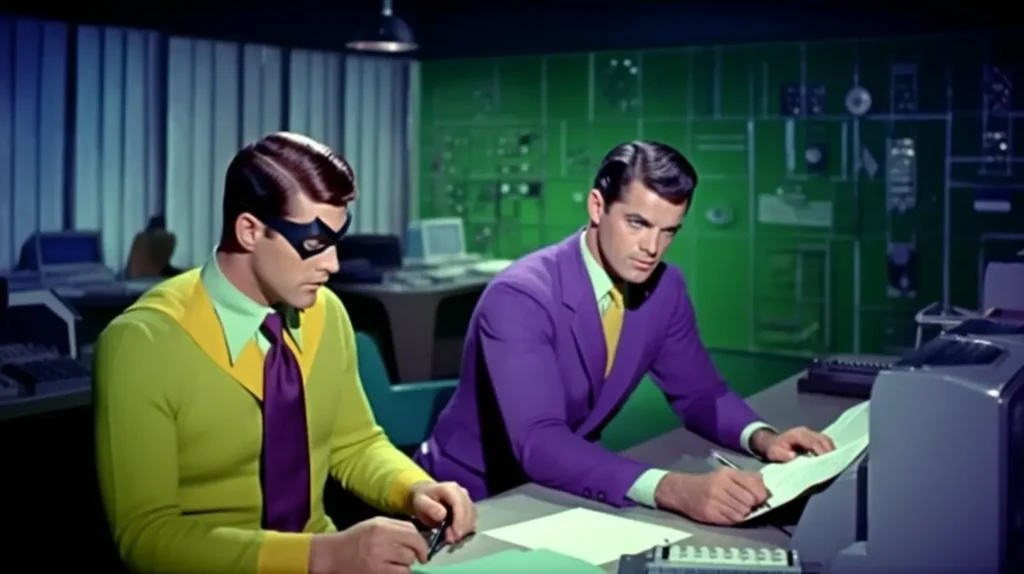 Two superheroes working on computers; the man on the left wears a yellow and green outfit with a black mask, and the man on the right wears a purple suit with a yellow shirt.