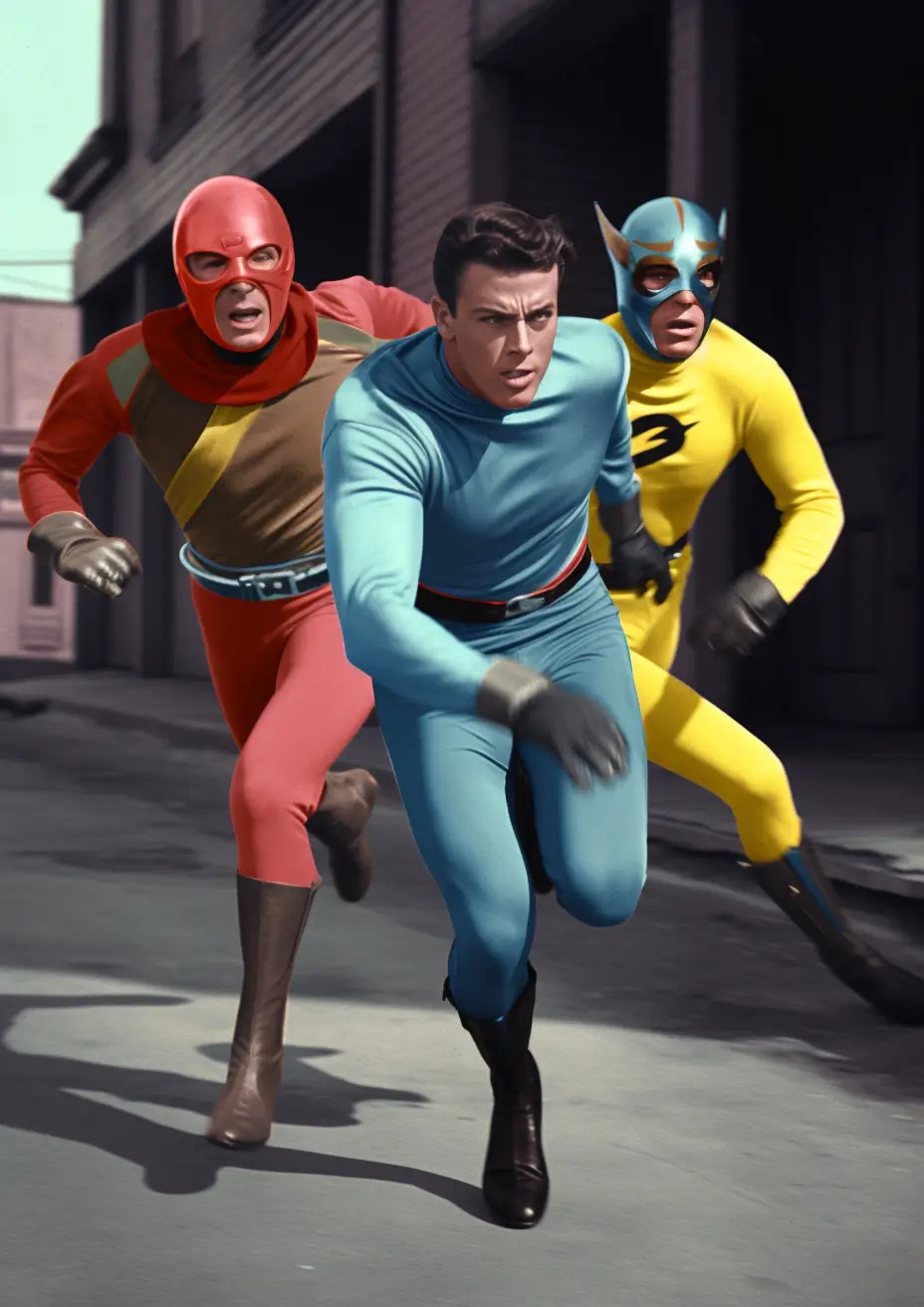 Three superheroes running side by side on a street; the man on the left wears a red outfit with a yellow diagonal stripe, the man in the middle wears a light blue outfit, and the man on the right wears a yellow outfit with a blue mask and cat-like ears.