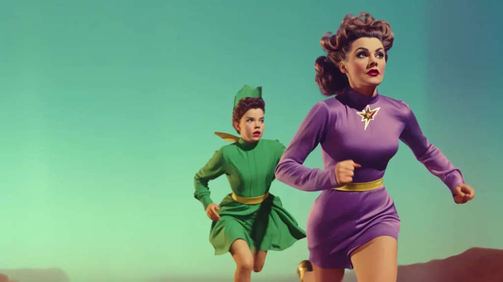 Two female sidekicks running; the woman in the foreground wears a purple outfit with a gold star emblem and a yellow belt, while the woman in the background wears a green outfit with a matching hat.