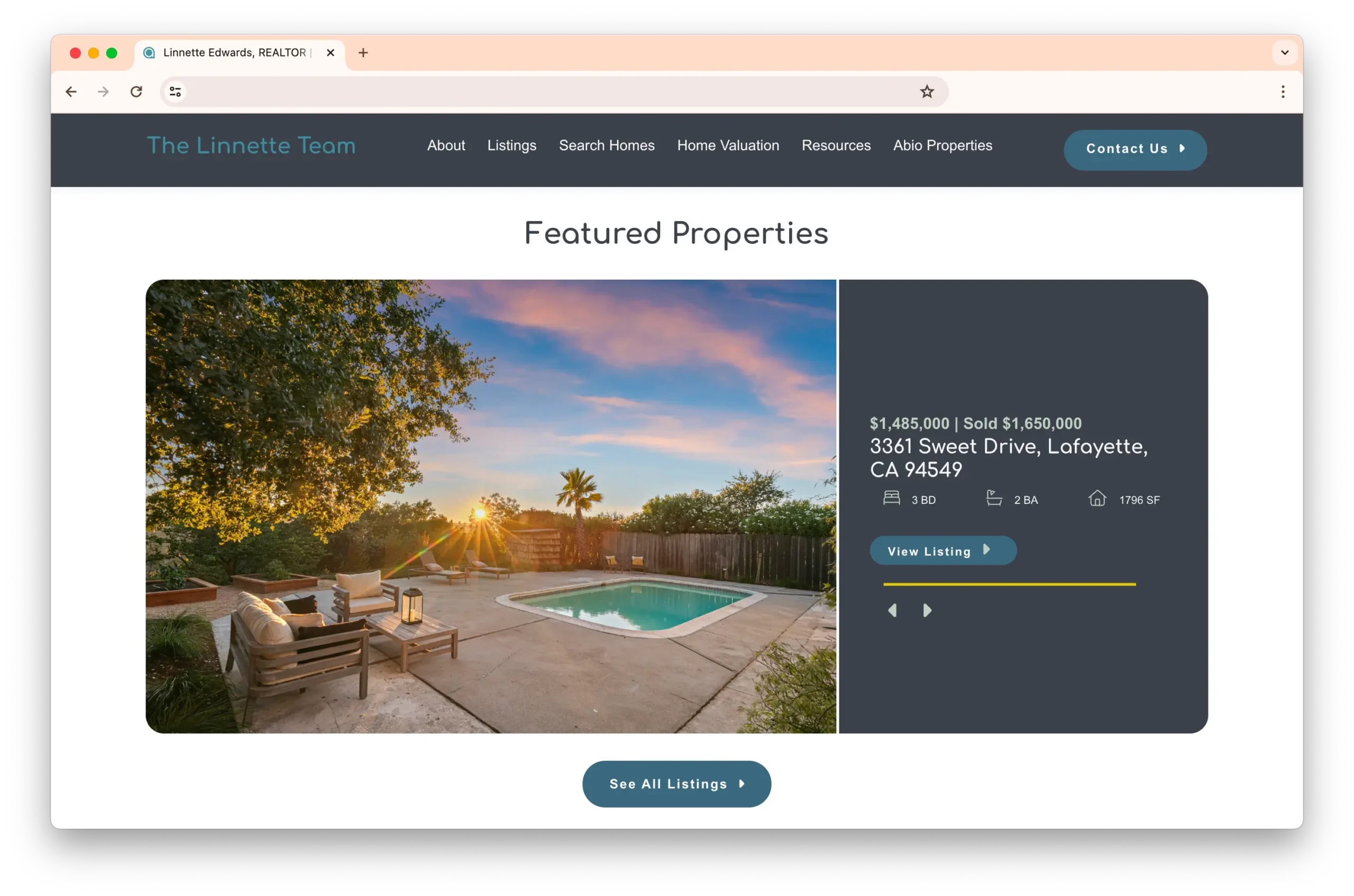 A webpage for The Linnette Team featuring a listed property at 3361 Sweet Drive, Lafayette, CA 94549. The image shows a backyard with a swimming pool and seating area at sunset. The listing details are provided on the right.