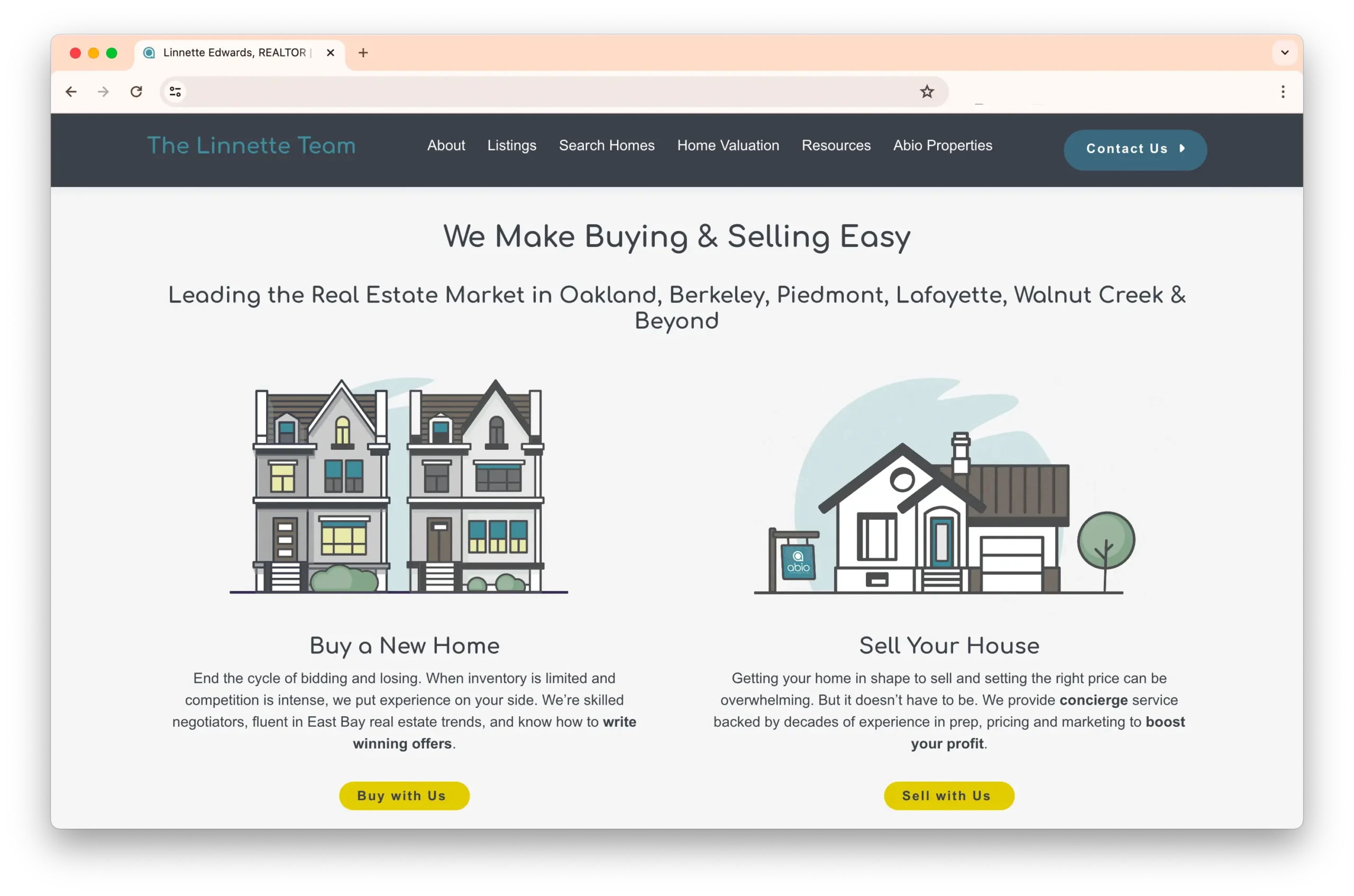 A webpage for Abio Properties explaining their real estate services. There are two illustrated sections: "Buy a New Home" with townhouses and "Sell Your House" with a single-family home. Each section has a call-to-action button.