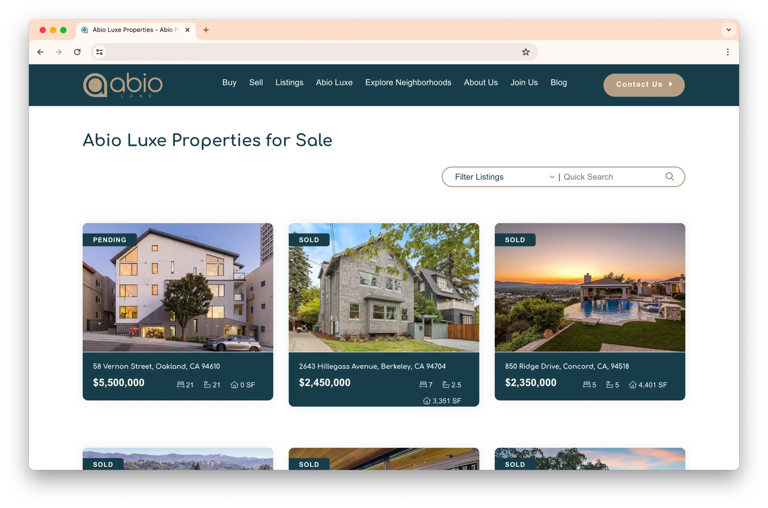 A webpage for Abio Luxe showcasing properties for sale. Three properties are highlighted: 58 Vernon Street in Oakland, 2643 Hillegass Avenue in Berkeley, and 850 Ridge Drive in Concord, with their statuses and prices.