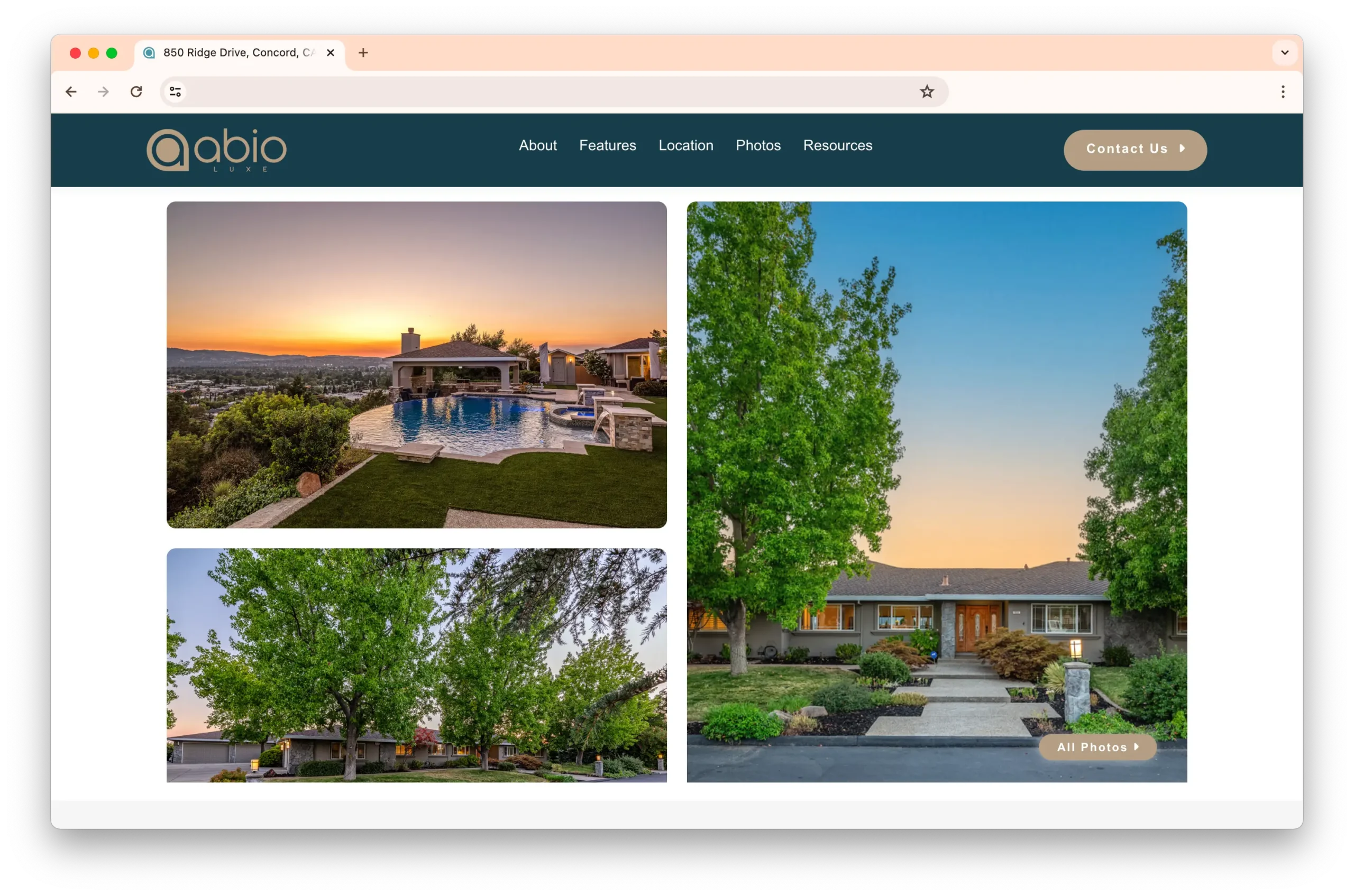 A property listing for 850 Ridge Drive, Concord, CA 94518, on Abio Luxe. The image shows a luxurious backyard with a pool and a view of the sunset over the city.