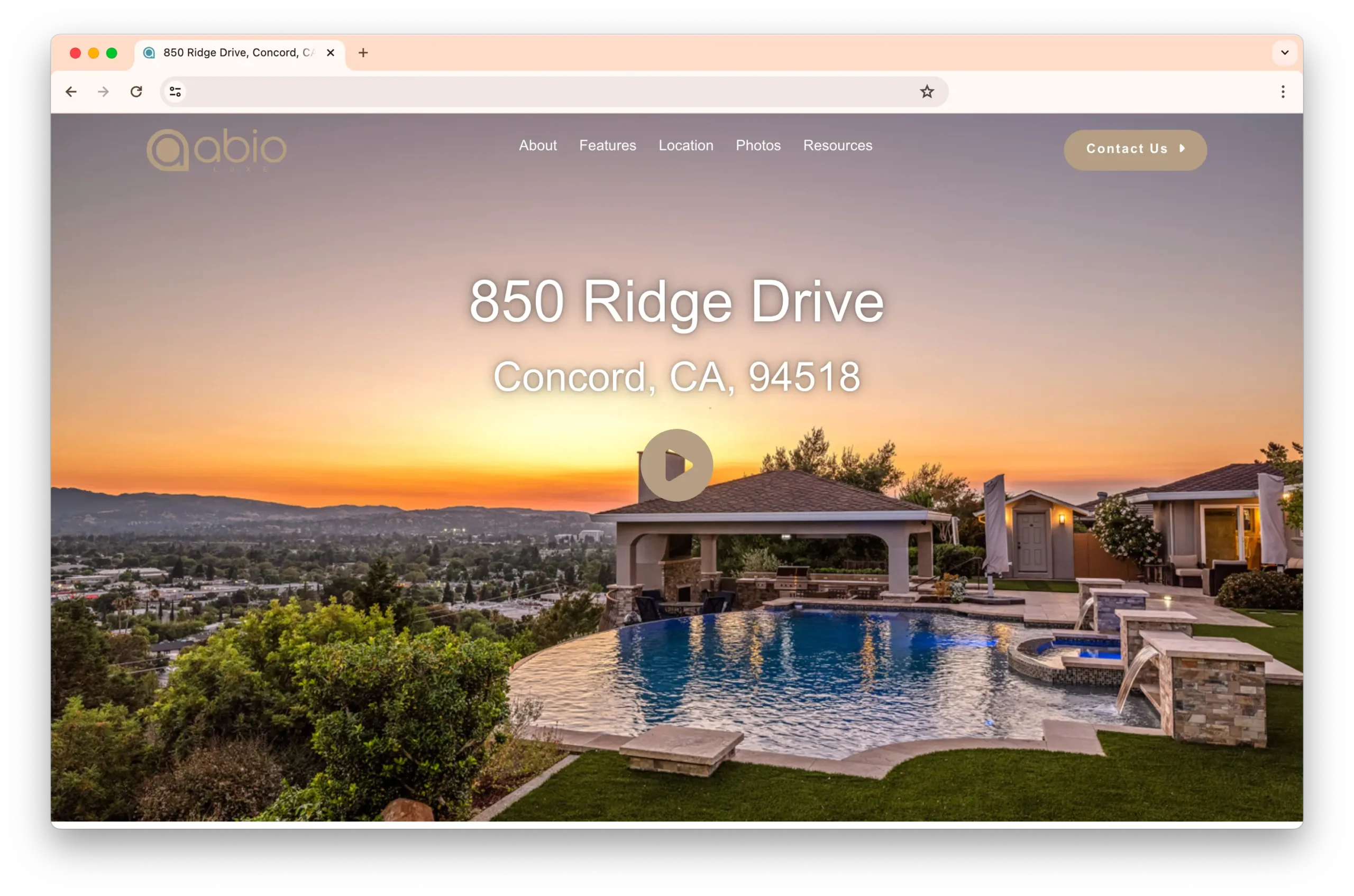 A property listing for 850 Ridge Drive, Concord, CA 94518, on Abio Luxe. The image shows a luxurious backyard with a pool and a view of the sunset over the city.