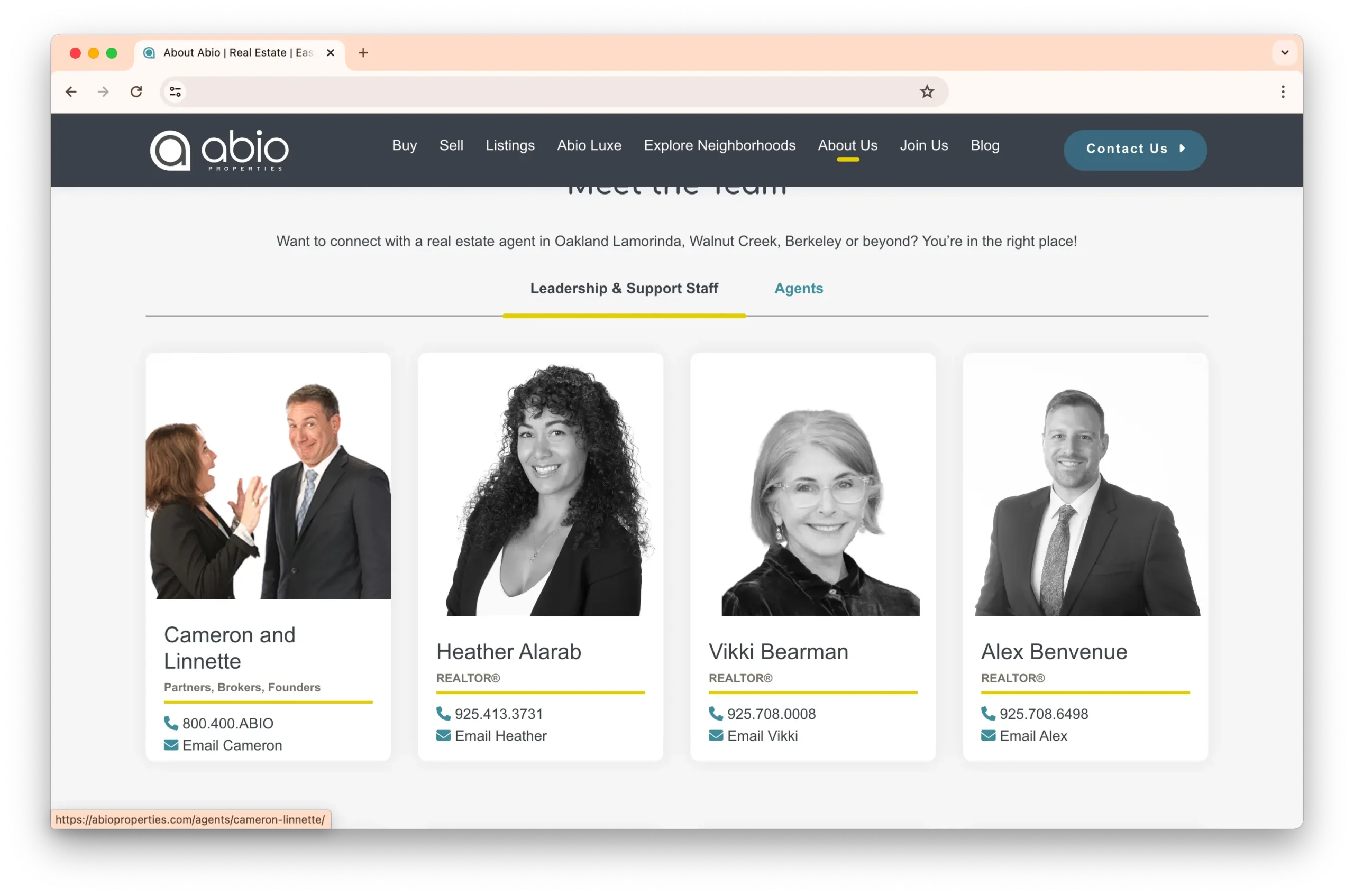 A team page on Abio Properties featuring four real estate agents: Cameron and Linnette (partners and brokers), Heather Alarab (realtor), Vikki Bearman (realtor), and Alex Benvenue (realtor). Each has a contact button below their photo.