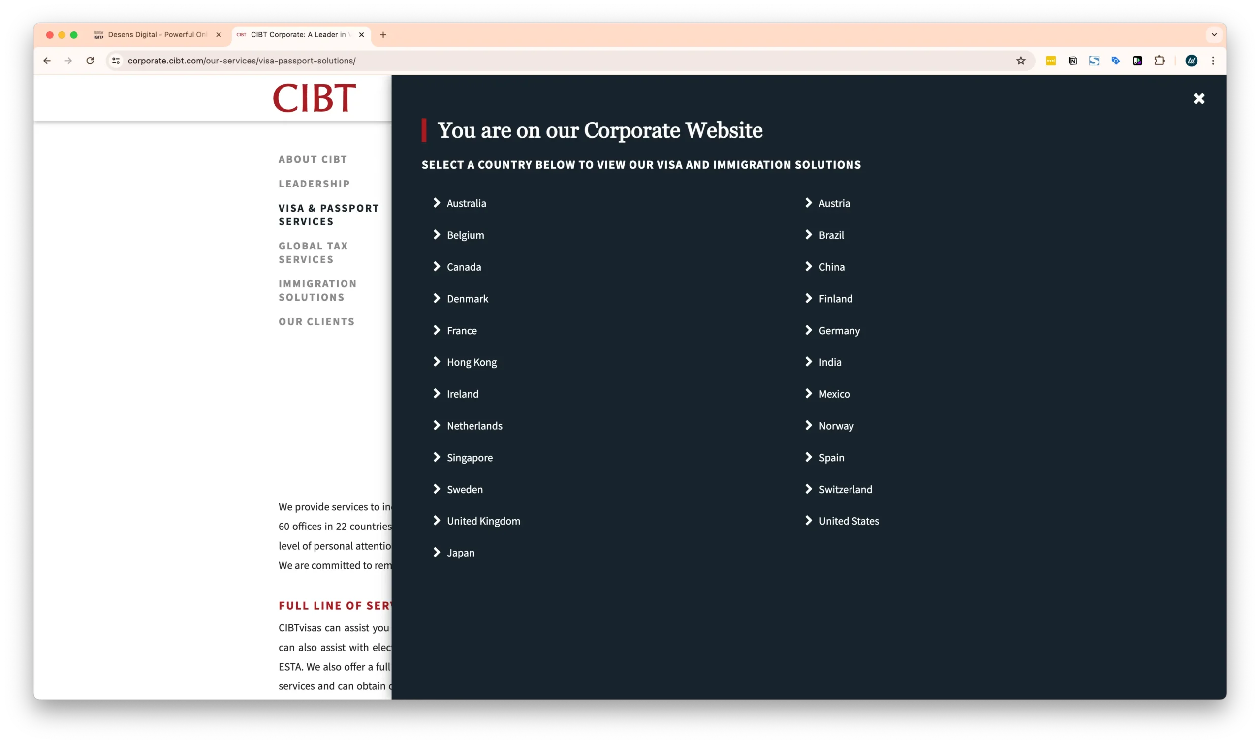 A webpage displaying a list of countries for visa and immigration solutions offered by CIBT. The navigation menu includes options for leadership, visa and passport services, global tax services, and immigration solutions.