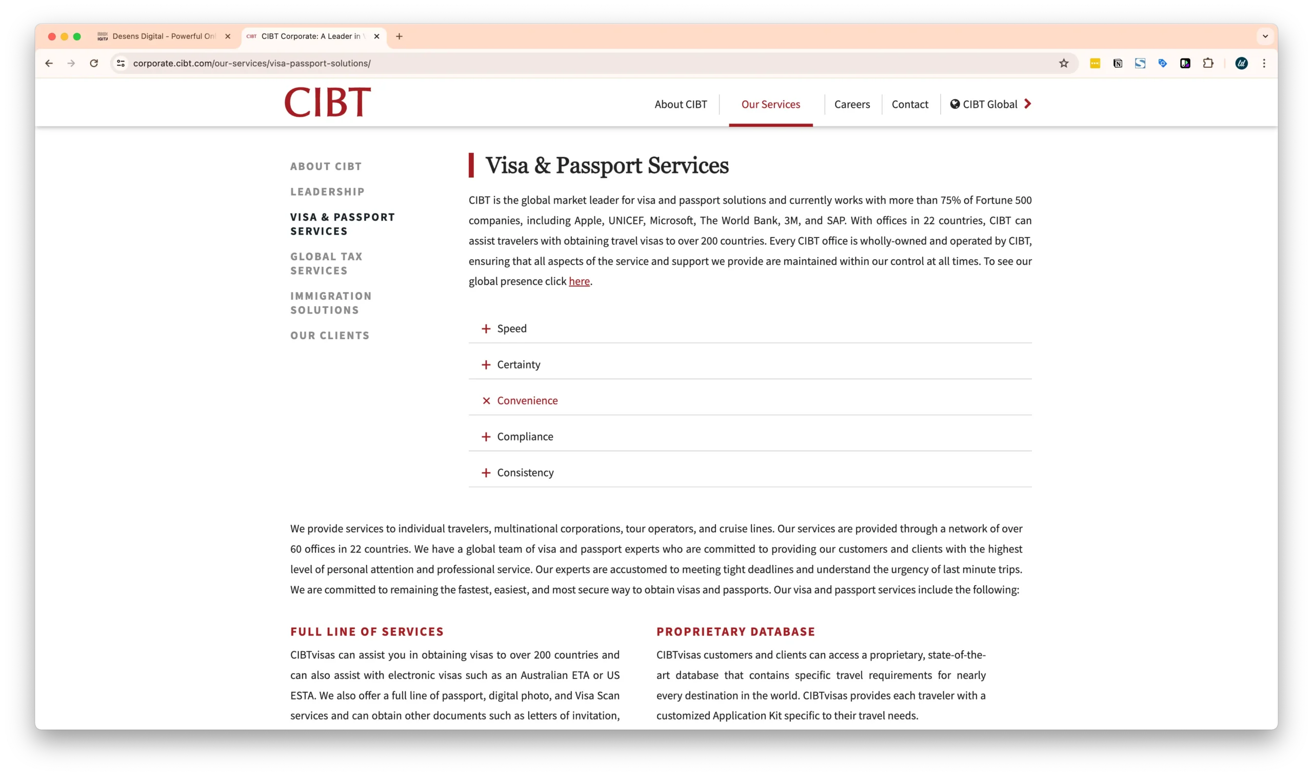 A webpage detailing CIBT's visa and passport services, emphasizing speed, certainty, compliance, and consistency. The navigation menu on the left highlights other services and information about the company.