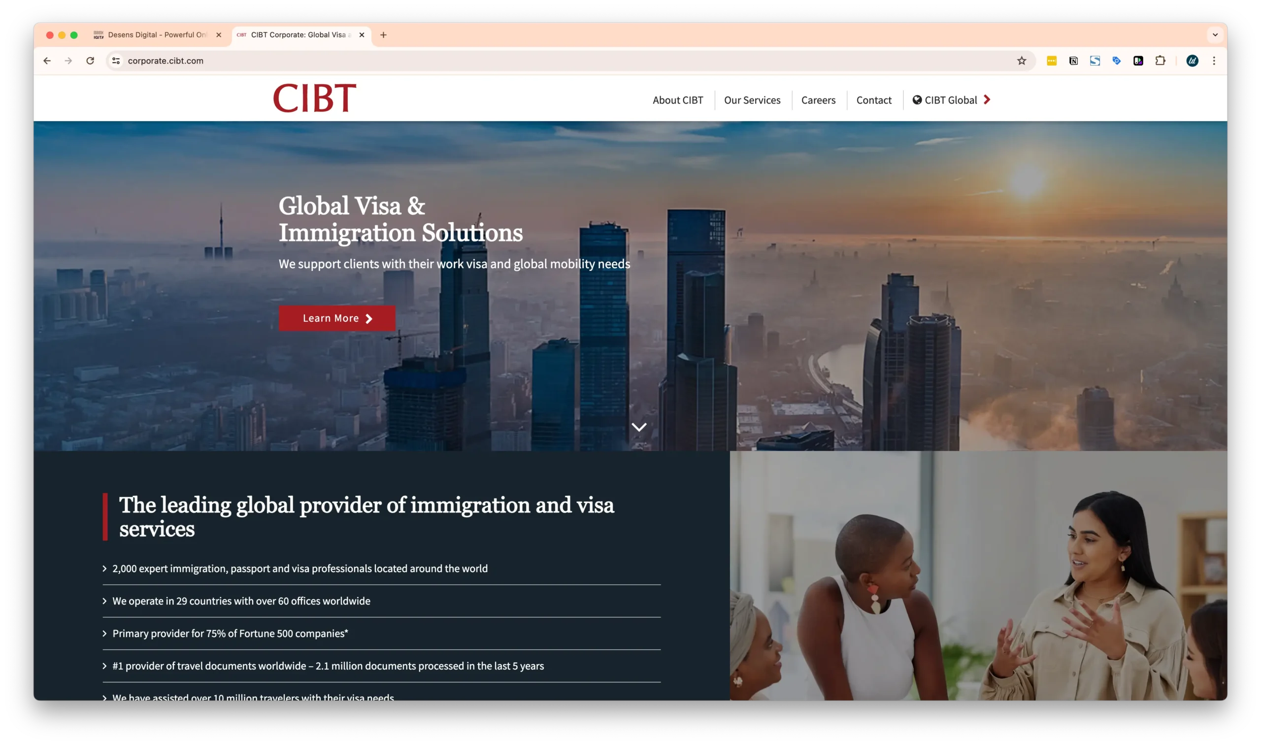 A webpage for CIBT, a company offering global visa and immigration solutions, featuring a city skyline at sunrise. The text highlights their services and credentials, with a "Learn More" button. An image shows a diverse group of people in a discussion.