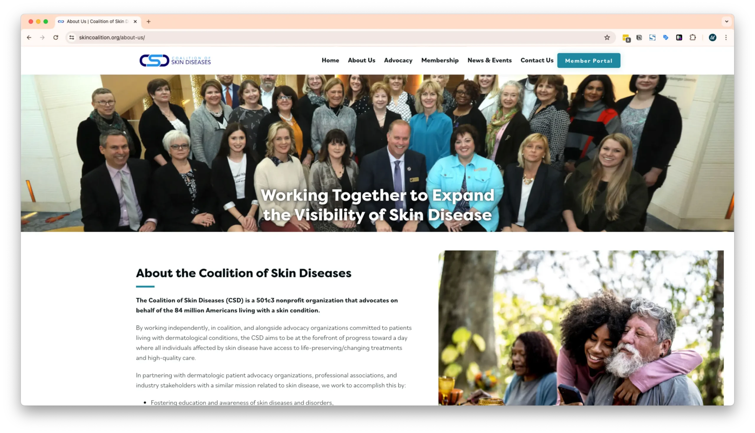 A webpage for the Coalition of Skin Diseases featuring a group photo of members with the text "Working Together to Expand the Visibility of Skin Disease." Below is a section about the organization and an image of a woman embracing an older man.