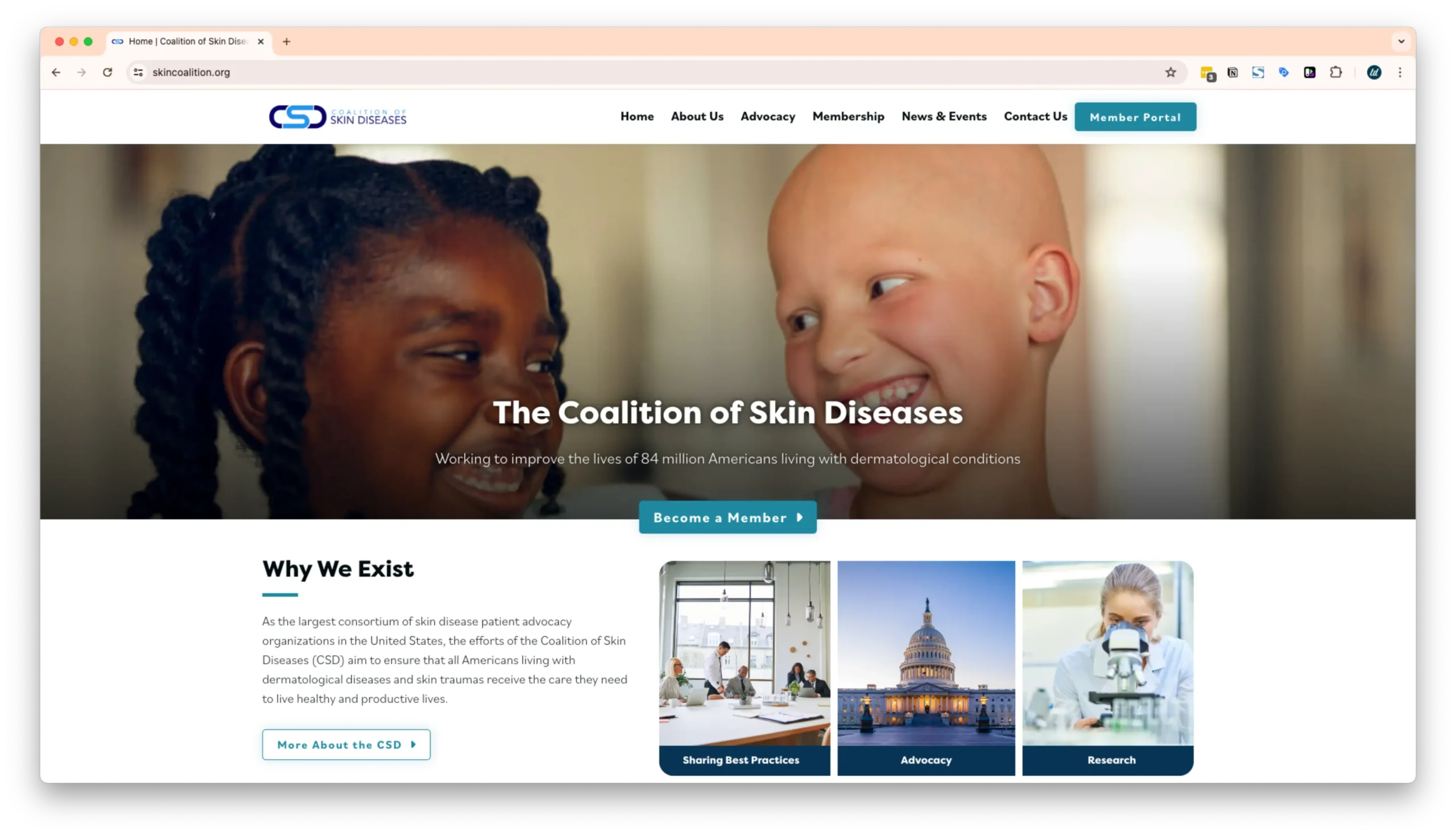 A homepage for the Coalition of Skin Diseases, featuring a banner image of two smiling children, one with braided hair and the other bald. Below are sections on the organization’s mission, including sharing best practices, advocacy, and research.