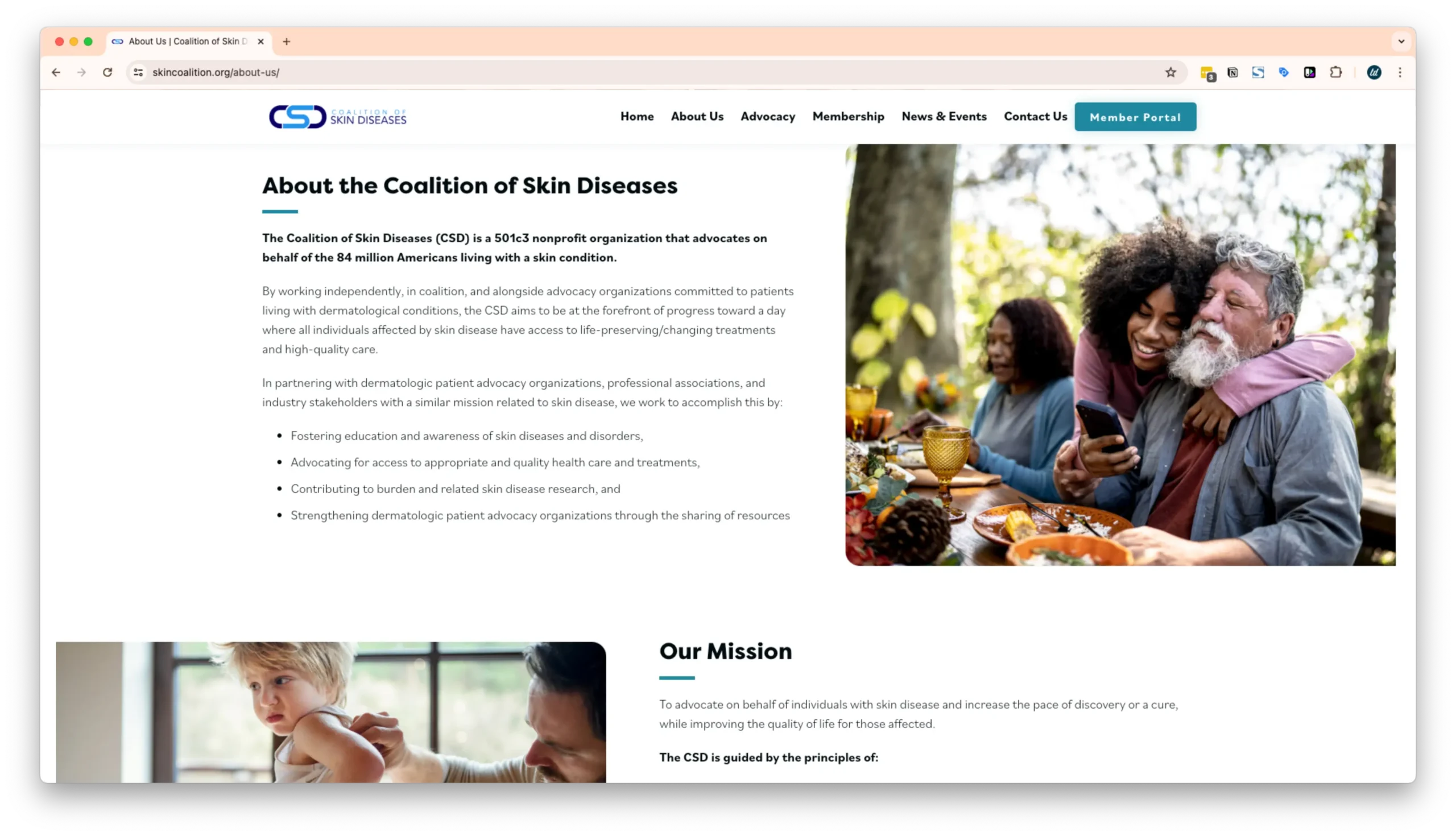 A webpage for the Coalition of Skin Diseases, a nonprofit organization advocating for individuals with skin conditions. An image shows a woman embracing an older man while looking at a phone, with another person in the background.