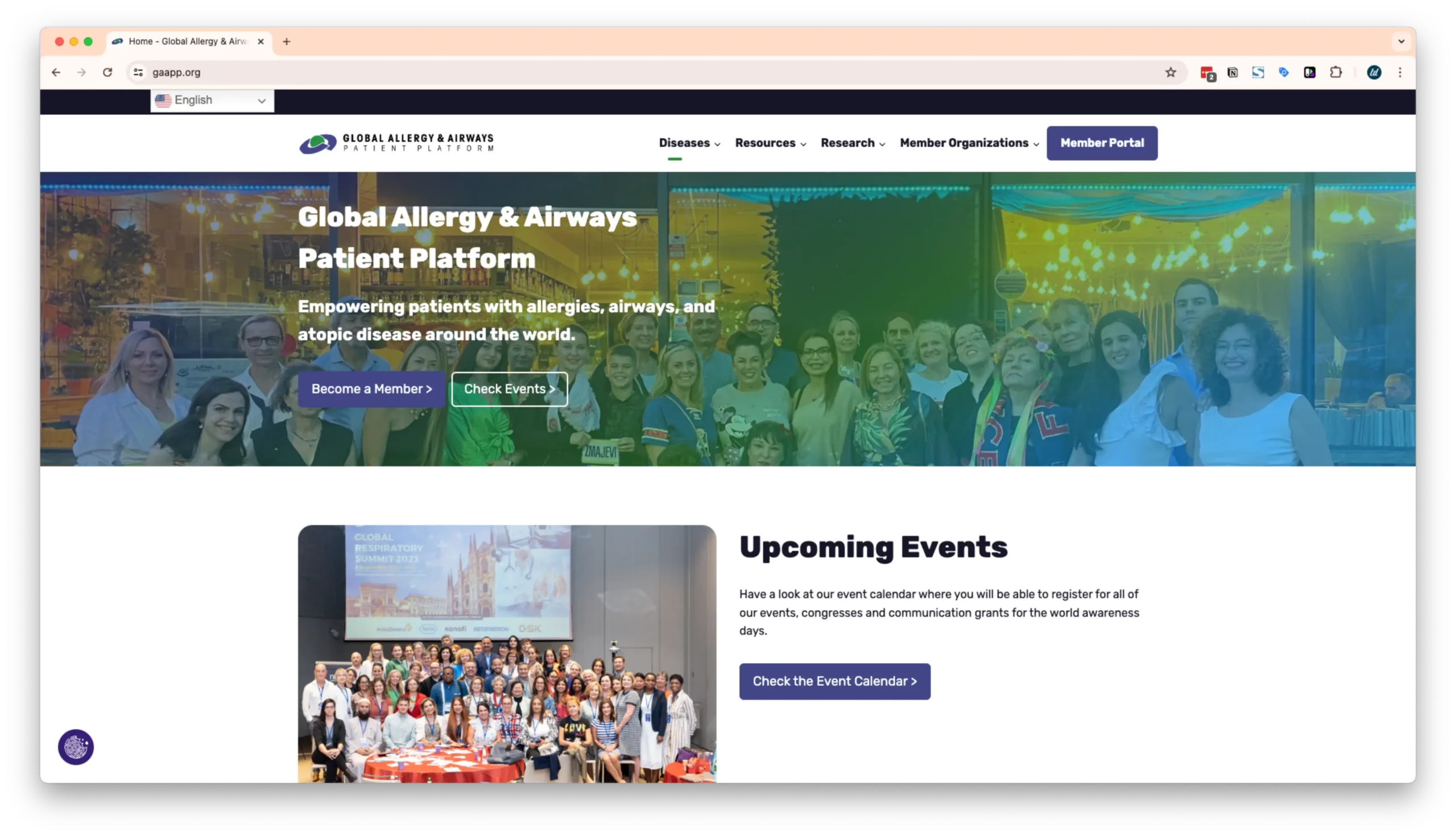 A homepage for the Global Allergy & Airways Patient Platform featuring a banner with a group of people, promoting membership and events. Below is an upcoming events section with a large group photo from a summit.