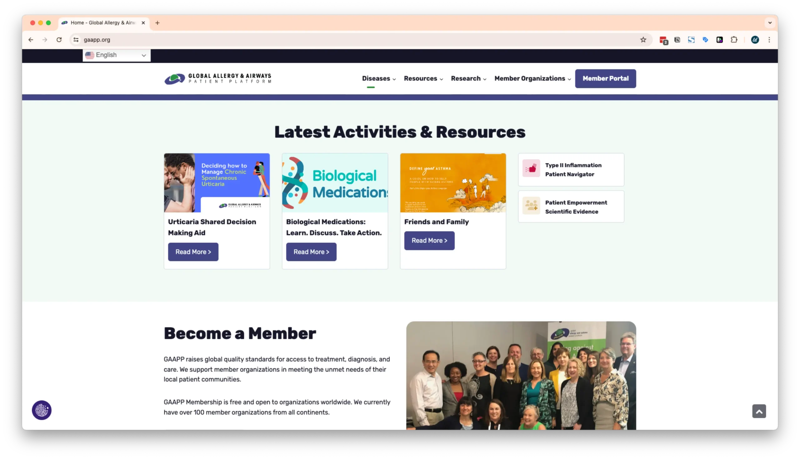 A webpage from the Global Allergy & Airways Patient Platform showcasing the latest activities and resources. It features links to various aids and educational materials, a section to become a member, and a group photo of members.