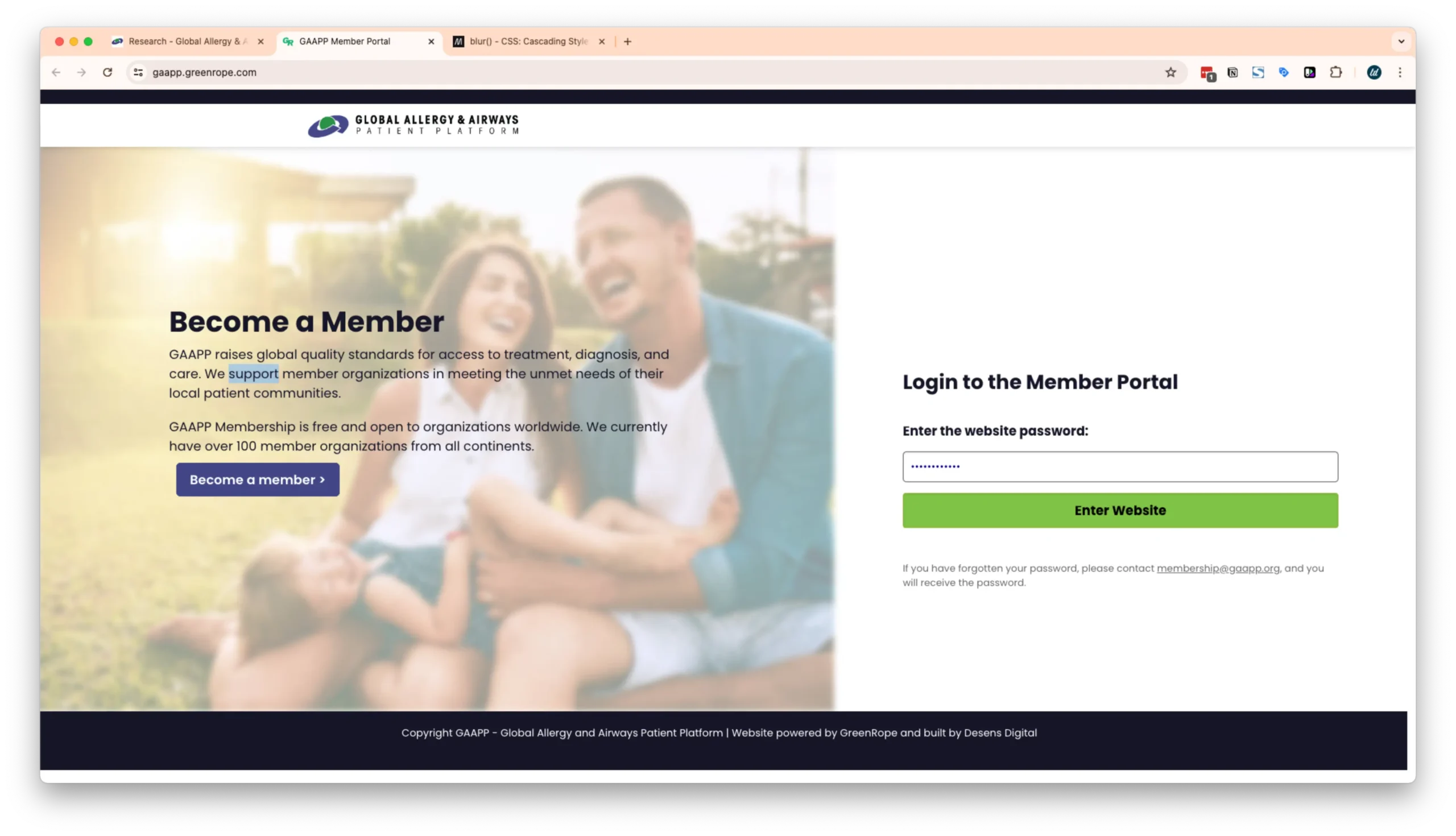A member portal login page for the Global Allergy & Airways Patient Platform. The left side encourages membership with a blurred image of a happy family in the background, while the right side has a login section.