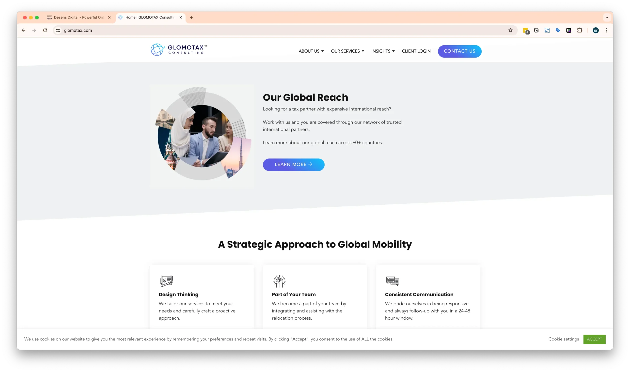 A webpage for Glomotax Consulting, highlighting their global reach in tax services. It features a circular image with three people in a discussion and emphasizes design thinking, team integration, and consistent communication.
