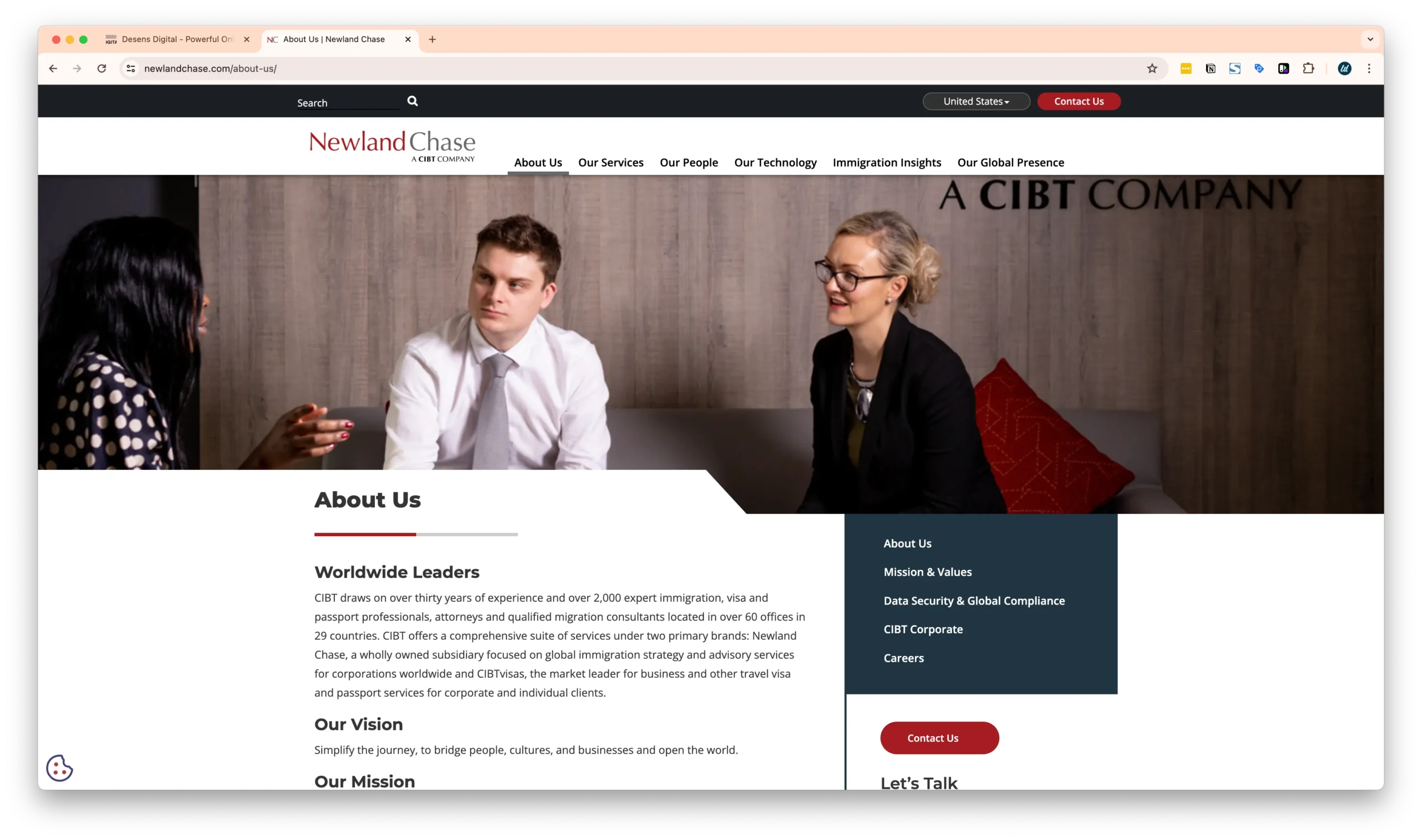 A webpage for Newland Chase, part of CIBT, detailing their global immigration services. It includes a photo of three professionals in a discussion and sections about their services, vision, mission, and values.