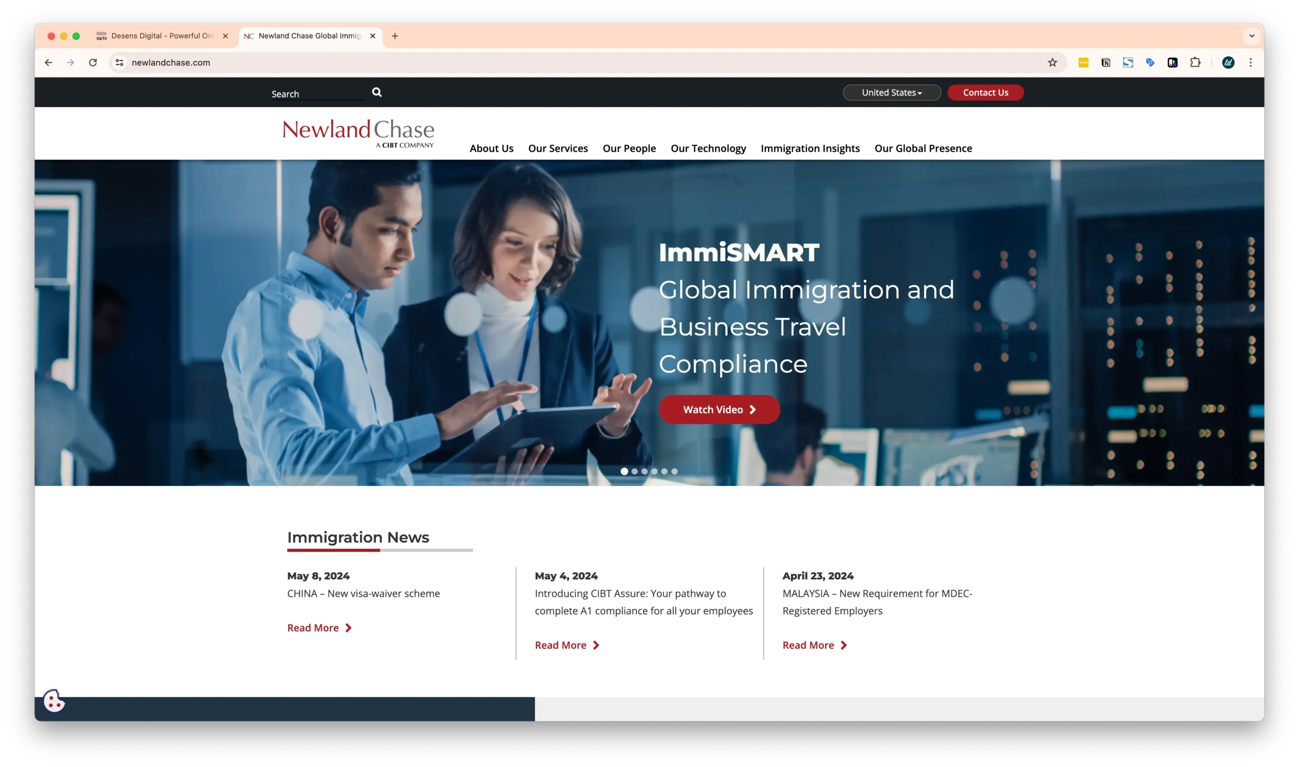 A homepage for Newland Chase featuring a banner with two professionals looking at a tablet. The page highlights their global immigration and business travel compliance services, with recent immigration news listed below.