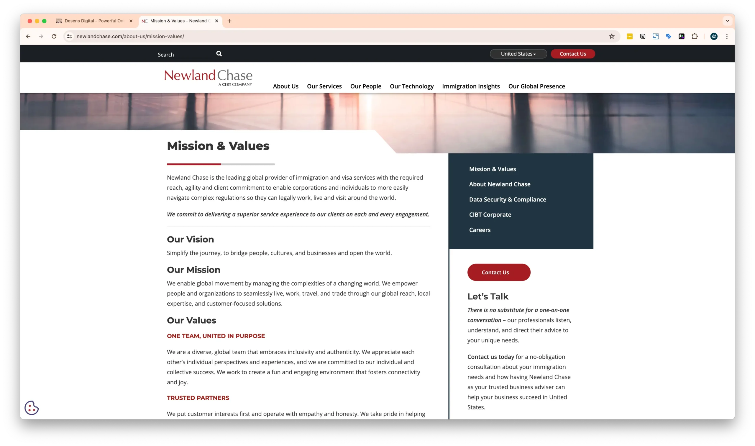 A webpage from Newland Chase detailing their mission and values. The navigation menu on the right includes sections about the company, data security, and careers, while the main content emphasizes their vision, mission, and customer-focused values.
