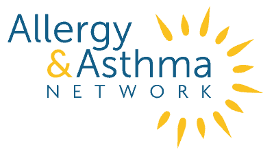 Allergy & Asthma Network logo with the words in blue and yellow. A stylized sun with yellow rays forms a semicircle around the word Asthma, highlighting their healthcare focused mission.